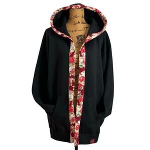 SHOYU DRIP Happi Hoodie Japanese Red Floral Trim Black Open Front Sweatshirt L